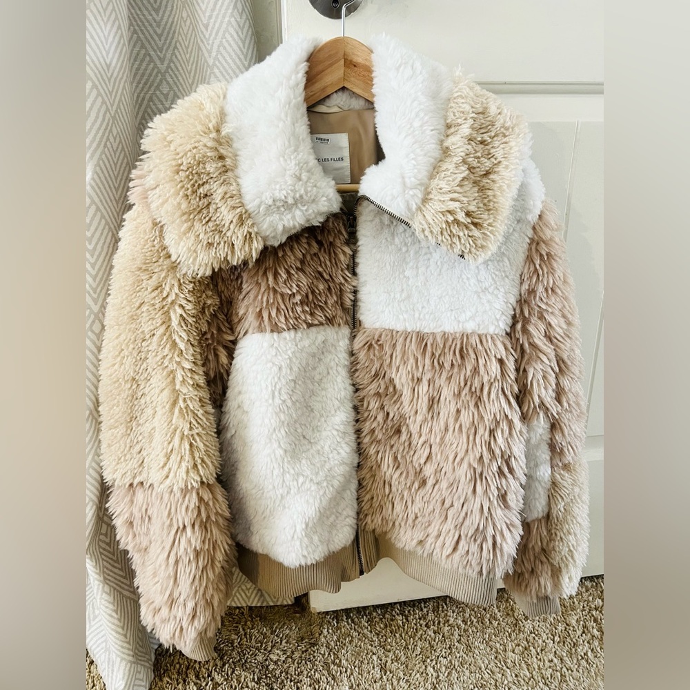 Avec Les Filles Colorblock Faux Fur Bomber Jacket Cozy Sherpa Teddy Coat Large
